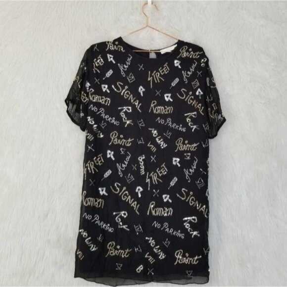 Bdba Italy Black Silver Sequin Graffiti Print Short Sleeve Shift Mini Dress 4 - Picture 1 of 10